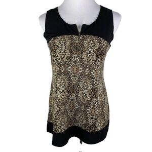 Susan Lawrence Animal Print Gold Zipper Neckline Blouse Women's Small Black Tan